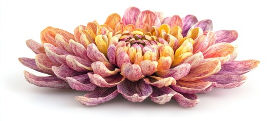 Close-up of a colorful chrysanthemum flower with layered petals and white background
