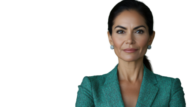 Confident businesswoman posing with folded arms on transparent background