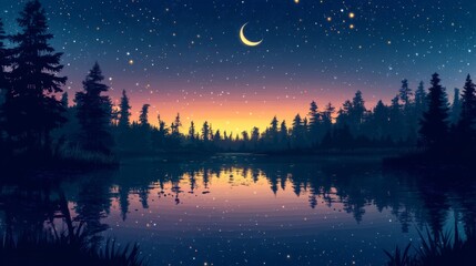Naklejka premium Pixel Art Night Lake Landscape with Starry Sky