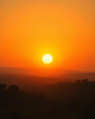 orange sunset featuring a large, bright sun centered in the frame, with silhouetted trees and a misty horizon