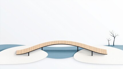 Minimalist Wooden Bridge Over Calm Water in Serene Nature Environment with Bare Trees