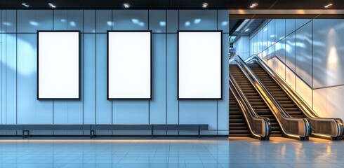 Empty modern subway station with three blank mockup advertising boards and escalators
