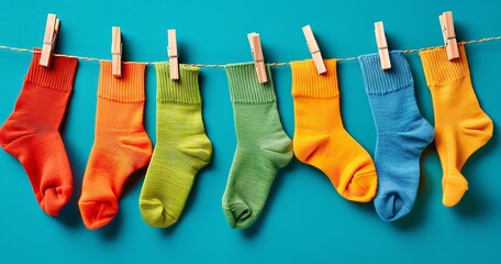 On a bright background, vintage-colored socks with a row of clothespins hanging on a clothesline are isolated, Generative AI.