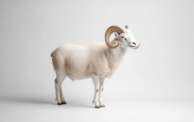 Fototapeta premium A majestic big-horned sheep standing proudly on a pure white background, captured in ultra-realistic detail.