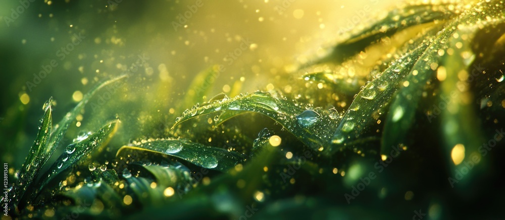 Poster close-up of dew-covered green foliage with sunlight filtered through trees and soft focus bokeh effe