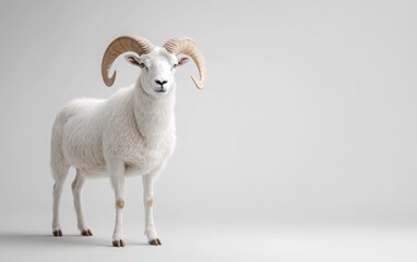 Fototapeta premium A majestic big-horned sheep standing proudly on a pure white background, captured in ultra-realistic detail.