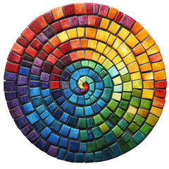 Colorful spiral mosaic design featuring vibrant multi hued tiles arranged in swirling pattern, creating captivating visual effect
