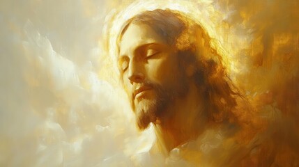 Obraz premium sacred portrait of christ in renaissance style, ethereal divine light, soft golden halo, compassionate expression, atmospheric clouds, oil painting technique