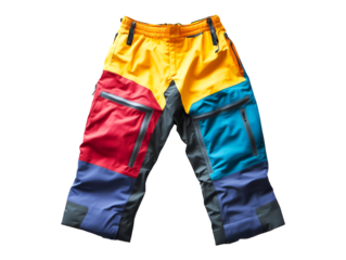 Colorful, multi-paneled pants with red, yellow, blue, and dark gray sections, designed for outdoor activities, isolated on transparent background, PNG, cut out