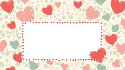 Valentine's Day background cute pink and red hearts border frame on a pastel polka dots pattern empty space backdrop	