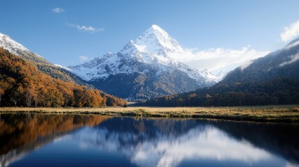 Majestic snow-capped mountain reflected in calm autumn lake (1)
