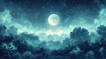 Pixel Art Night Forest Moonlit Scene