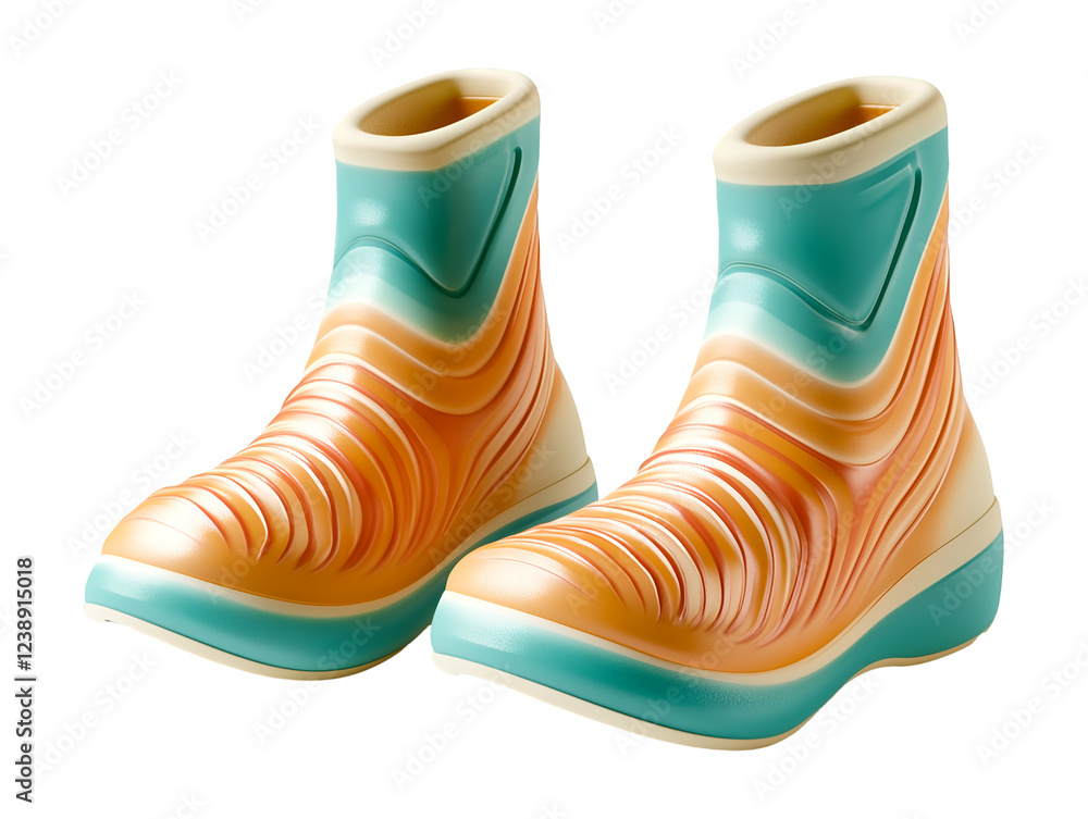 Poster pair of colorful abstract boots with unique wavy patterns and textures in teal and orange tones with