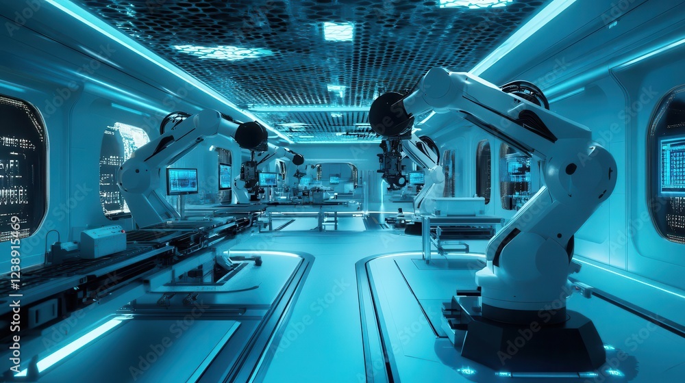 Poster sleek automated manufacturing line with multiple robotic arms performing precise assembly tasks, coo