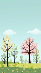 Fototapeta premium Colorful blossom trees in spring landscape with clear blue sky