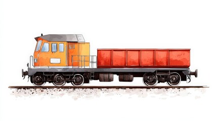 Obraz premium Vibrant Orange Locomotive with Red Cargo Car on Train Tracks in a Watercolor Style Illustration