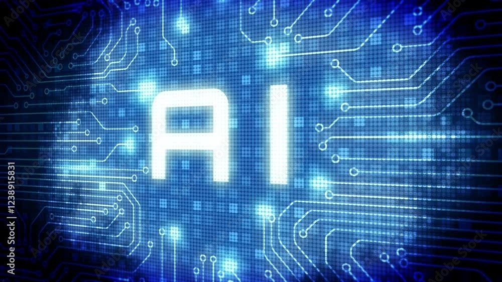 Poster AI data with circuit board technology data processing system. Artificial intelligence cyber neural network on blue motion background.