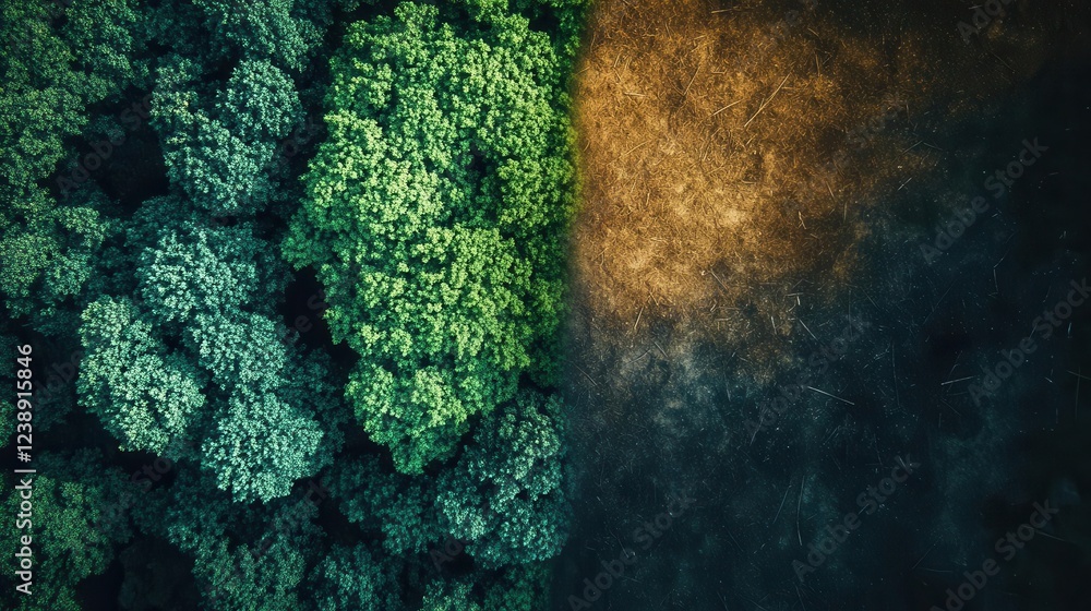 Aufkleber split aerial view contrasting lush rainforest with devastating deforestation, stark divide between v