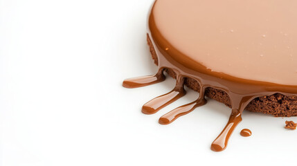 Fototapeta premium close up image of rich brown chocolate glaze dripping from dessert, showcasing its smooth texture and glossy finish. chocolate adds decadent touch to treat