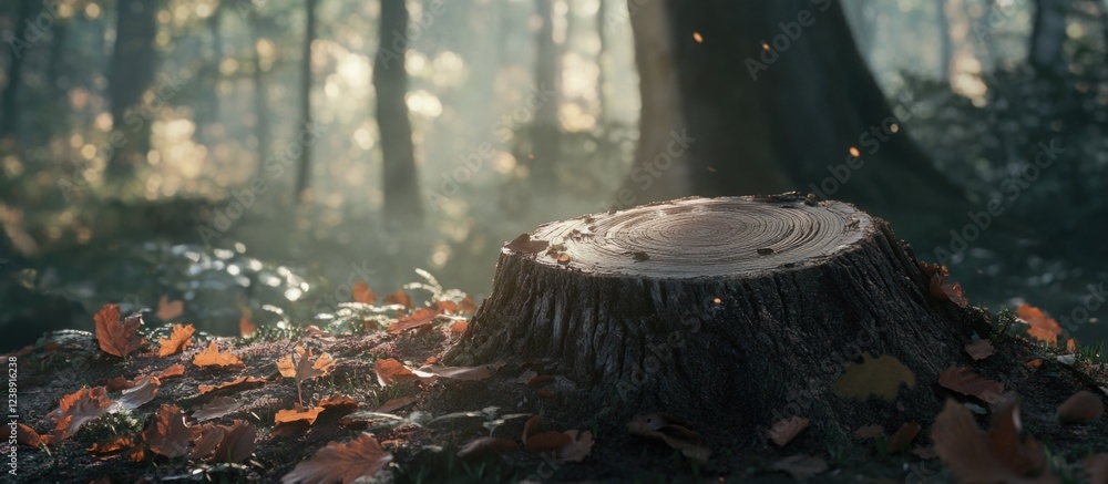 Poster tree stump in forest with sunlight filtering through trees and scattered autumn leaves