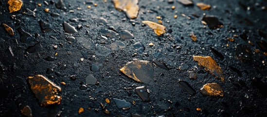 Obraz premium Wet asphalt with scattered orange and brown autumn leaves.