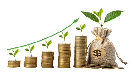 Economic Growth Visualization: Rising Coin Stacks with Greenery Representing Investment Success, Transparent Background