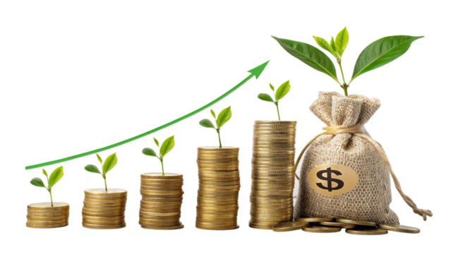 Economic Growth Visualization: Rising Coin Stacks with Greenery Representing Investment Success, Transparent Background