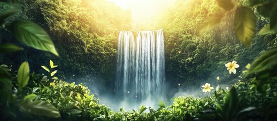 Waterfall in Lush Green Forest with Sunlight Filtering Through Trees