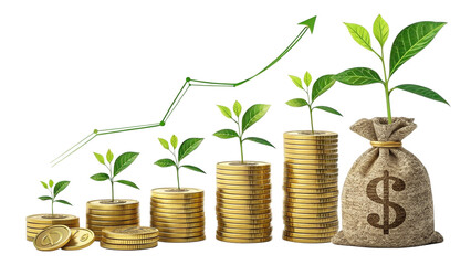 Visualizing Capital Growth with Coins and Growing Plants, Business Investment Concept, transparent background