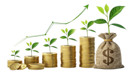 Visualizing Capital Growth with Coins and Growing Plants, Business Investment Concept, transparent background