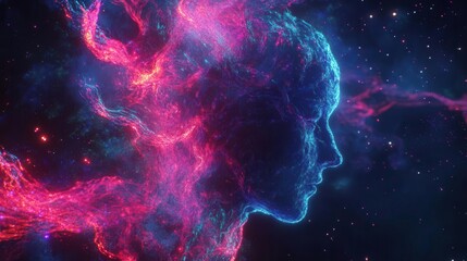 surreal digital artwork of branching neural pathways forming a human profile, iridescent colors, flowing energy patterns, deep space background