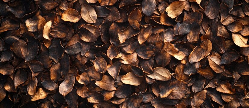 Pile of roasted cocoa bean shells in a detailed close-up view.