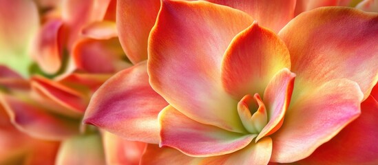 Fototapeta premium Close-up of vibrant orange and pink succulent plant leaves with soft focus background.