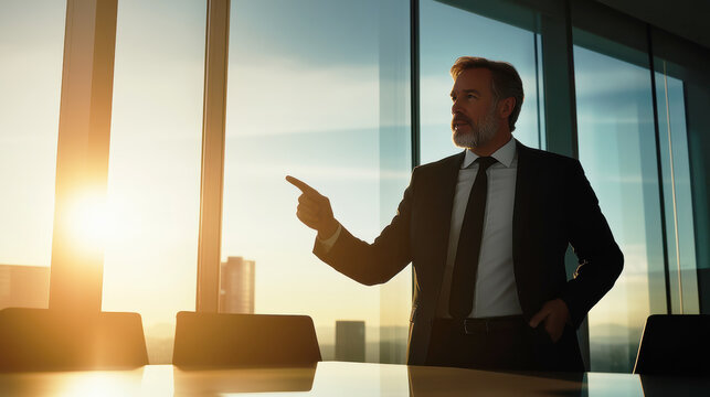 A confident man in a suit stands in a sunlit office, pointing outwards, capturing a moment of decisive leadership and vision.