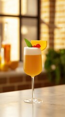 Elegant elderflower cocktail presentation in a luxurious ballroom setting with floral garnish and cinematic lighting