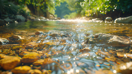 Fototapeta premium A stream of water with rocks and leaves floating in it.
