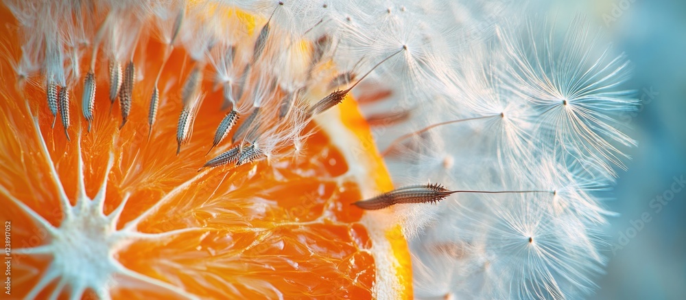 Poster Dandelion seeds and orange slice macro with soft focus and blur