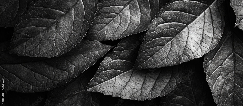 Poster monochrome texture of overlapping leaves with detailed veins and patterns