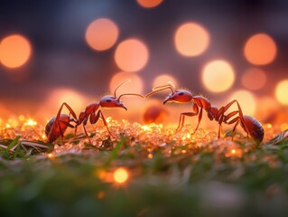 Fototapeta premium Ants interacting on a glowing backdrop.