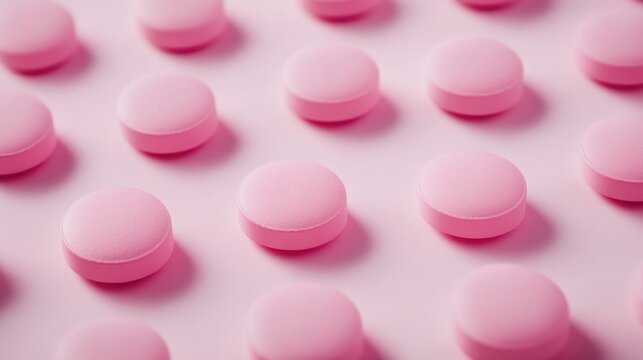 Pink round pills laying on pink surface, arranged in diagonal rows