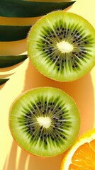 Fototapeta premium Vibrant closeup of sliced kiwi and orange tropical setting food bright colors top view freshness concept