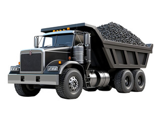 Black dump truck fully loaded with gravel isolated on a transparent png background for industrial, construction and transportation themes.
