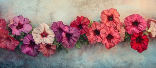 Colorful Petunias in a Row Against Textured Background with Copy Space