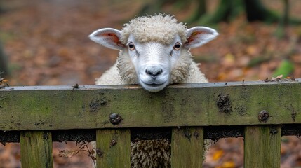 Fototapeta premium Curious sheep peeking over wooden fence.