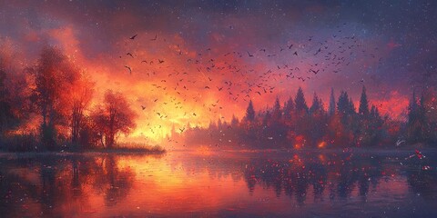 Fototapeta premium A flock of migratory birds flying across a vast wetland under a glowing orange sunset, their reflections shimmering on the water. The peaceful scene symbolizes the potential spread of avian 