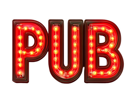Led 'Pub' Sign illuminated red letters isolated on transparent background, PNG, cut out