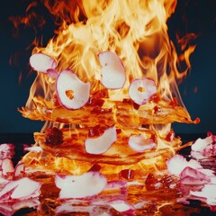 Fiery stack of pancakes with chili garnish closeup shot food intense kitchen environment