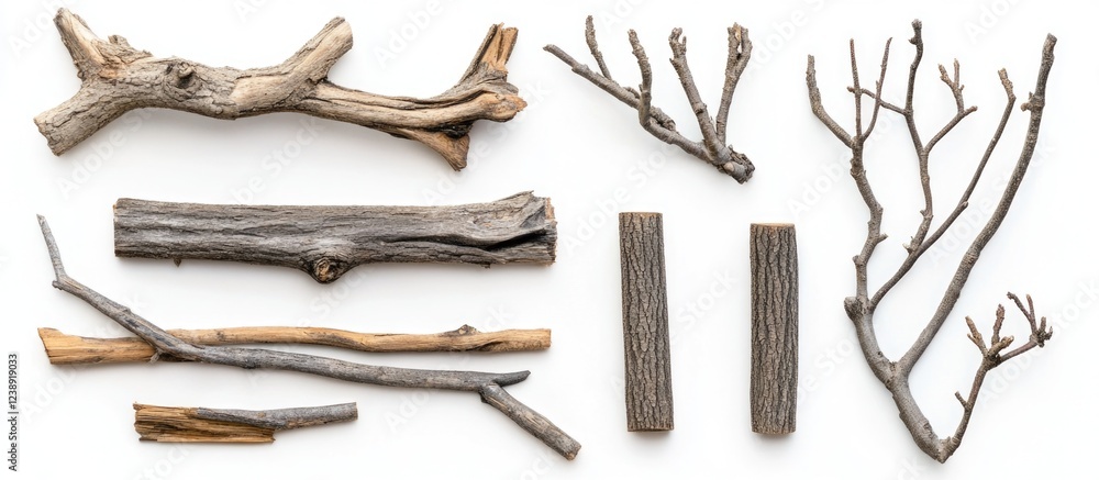 Poster assorted dried tree branches and twigs on white background with copy space