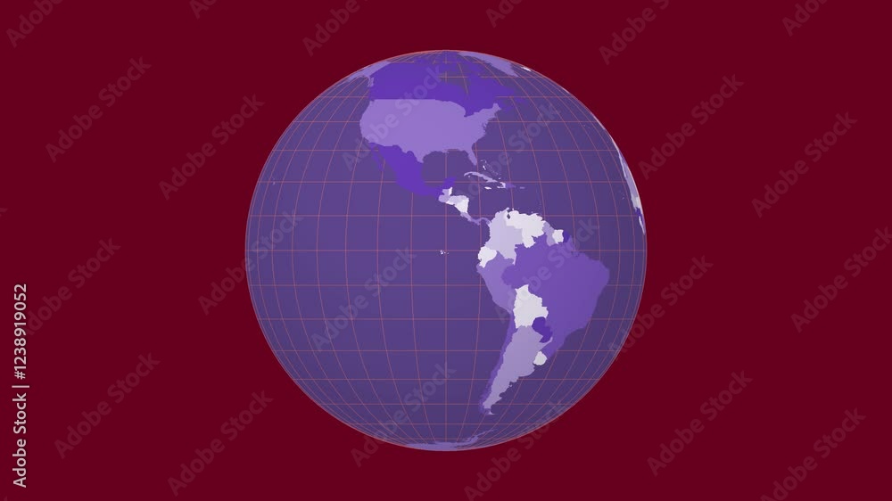 Poster spinning earth animation with a colored countries style. world map with sparse graticule lines on an