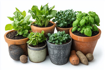 Fototapeta premium several clay pots with seedlings on a white background